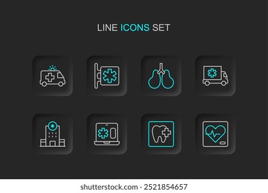 Set line Frecuencia cardíaca, ubicación de la clínica dental, portátil de registro clínico, edificio del hospital, coche de la ambulancia, pulmones, emergencia - estrella de la vida e icono. Vector