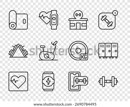 Set line Heart rate, Dumbbell, Gym building, Energy drink, Fitness mat roll, Stationary bicycle, app and Locker or changing room icon. Vector