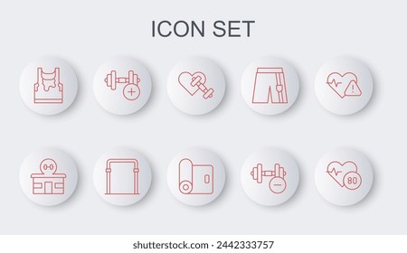 Set line Heart rate, Gym building, Dumbbell with heart, Sweaty sleeveless t-shirt, Sport horizontal bar and Fitness mat roll icon. Vector