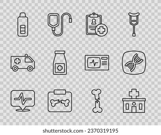 Set line Heart rate, Hospital building, Patient record, X-ray shots with broken bone, Digital thermometer, Medicine bottle and pills, Human and DNA symbol icon. Vector