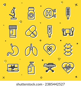 Fijar la línea Frecuencia cardíaca, columna vertebral humana, presión sanguínea, cartón hospitalario, píldora o tablet medicinales, frasco y píldoras, Microscopio e icono del termómetro digital. Vector