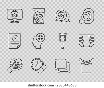 Set line Heart rate, Knitting, Grandmother, Medicine pill or tablet, Nursing home, Male head with hospital, Pillow and Adult diaper icon. Vector