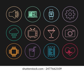 Set line Heart rate, Photo camera, Smartwatch with wireless, Television tv, Cloud rain, Speaker volume, Martini glass and Medical clinical record icon. Vector