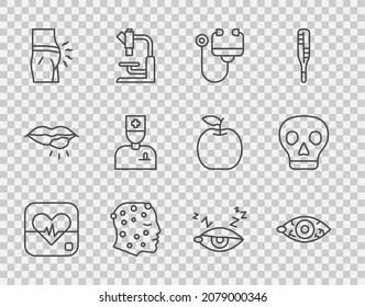 Set line Heart rate, Reddish eye, Stethoscope, Psoriasis or eczema rash, Abdominal bloating, Male doctor, Insomnia and Skull icon. Vector