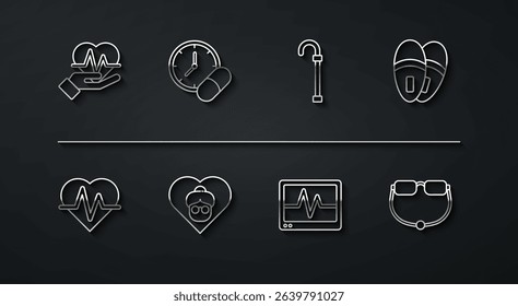 Set line Heart rate, Slippers, Monitor with cardiogram, Grandmother, Medicine pill tablet, Eyeglasses and Walking stick cane icon. Vector