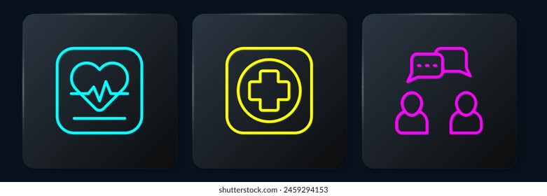 Set line Heart rate, Speech bubble chat and Hospital signboard. Black square button. Vector