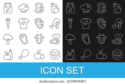 Fijar la línea Tarifa cardíaca, carne de filete, pollo modificado genéticamente, Sin cuero, Camisa Vegan, Correa, Bolsa de compras con reciclador e ícono. Vector