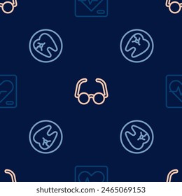 Set line Heart rate, Tooth with caries and Glasses on seamless pattern. Vector