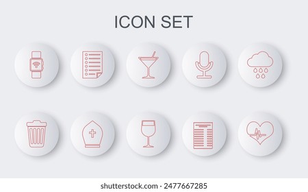 Set line Heart rate, Trash can, Martini glass, Paper or financial check, Smartwatch with wireless, Document, Pope hat and Wine icon. Vector