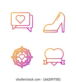 Set line Heart and ribbon, Heart in the center of darts target aim, Like and heart and Woman shoe with high heel. Gradient color icons. Vector
