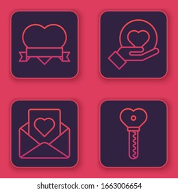 Set line Heart and ribbon, Envelope with heart, Heart on hand and Key in heart shape. Blue square button. Vector