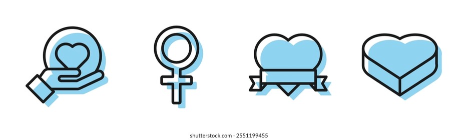Corazón y cinta, corazón en la mano, símbolo de género femenino y caramelo en el icono de la caja en forma de corazón. Vector