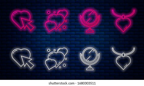 Set line Heart, Round makeup mirror, Heart and cursor click and Necklace with heart shaped pendant. Glowing neon icon on brick wall. Vector