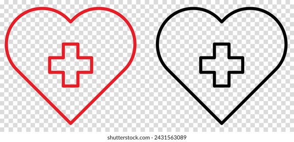 Set of line heart shape with cross inside. Medical care concept. Vector illustration isolated on transparent background
