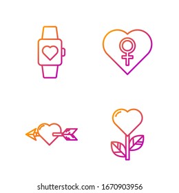 Set line Heart shape in a flower, Amour with heart and arrow, Heart in the center wrist watch and Heart with female gender. Gradient color icons. Vector