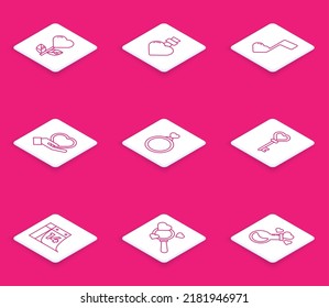 Set line Heart shape in a flower, Bottle with love potion, Music note, tone hearts, hand, Wedding rings, Key, Calendar February 14 and Search icon. Vector