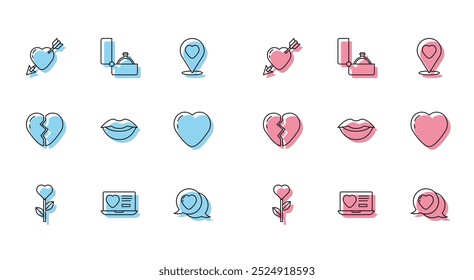 Set line Heart shape in flower, Dating app online, Amour with heart and arrow, speech bubble, Smiling lips, Broken and Diamond engagement ring icon. Vector