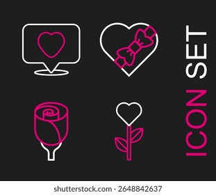 Set line Coeur en forme de fleur, Fleur rose, Candy coeur en forme de boîte et icône J'aime. Image vectorielle