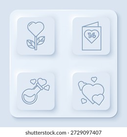 Set line Heart shape in a flower, Valentines day flyer with heart, Bottle with love potion and Heart. White square button. Vector