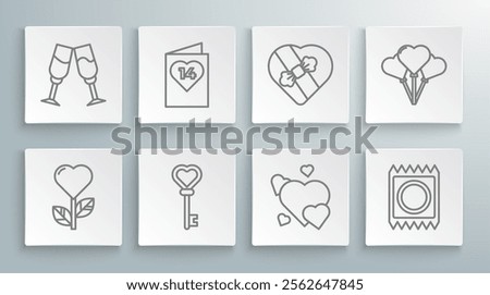 Set line Heart shape in a flower, Valentines day flyer with heart, Key, Condom package, Candy shaped box, Balloons form of and Glass champagne icon. Vector