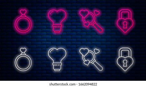 Set line Heart shape in a light bulb, Search heart and love, Wedding rings and Castle in the shape of a heart. Glowing neon icon on brick wall. Vector