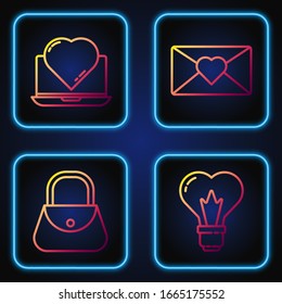 Set line Heart shape in a light bulb, Handbag, Online dating app and chat and Envelope with 8 March. Gradient color icons. Vector