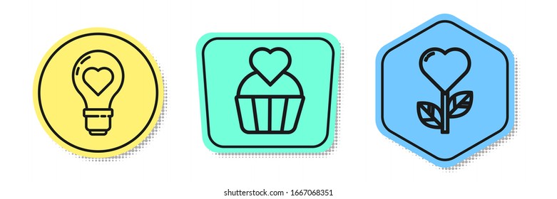 Fijar la forma Corazón en una bombilla, Torta de boda con forma de corazón y corazón en una flor. Formas coloreadas. Vector