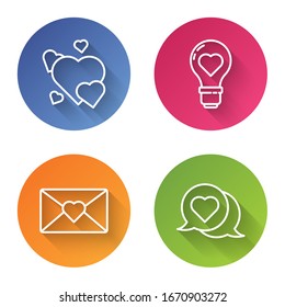 Set line Heart, Heart shape in a light bulb, Envelope with Valentine heart and Heart in speech bubble. Color circle button. Vector