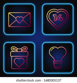 Set line Heart shape in a light bulb, Gift box with heart, Envelope with Valentine heart and Heart. Gradient color icons. Vector