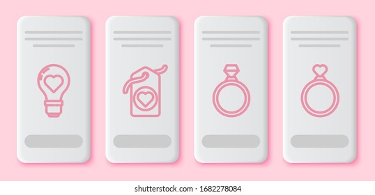 Fijar la forma Corazón en una bombilla, la etiqueta Corazón, el anillo de compromiso Diamante y los anillos de boda. Botón rectángulo blanco. Vector