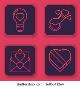 Set line Heart shape in a light bulb, Envelope with Valentine heart, Bottle with love potion and Candy in heart shaped box. Blue square button. Vector