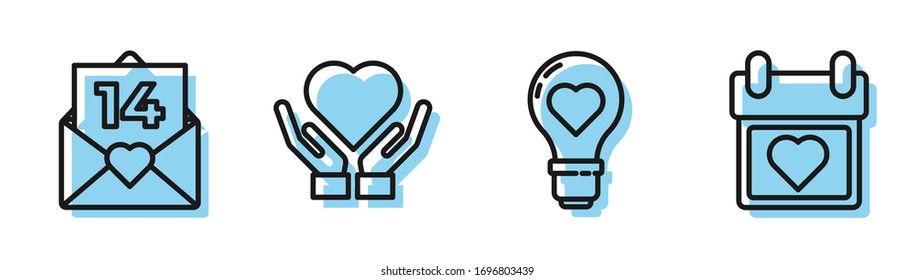 Fije la forma Corazón en una bombilla, sobre con el corazón de San Valentín, corazón en la mano y calendario con icono cardíaco. Vector