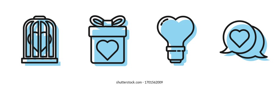Set line Heart shape in a light bulb, Heart in the bird cage, Gift box with heart and Heart in speech bubble icon. Vector