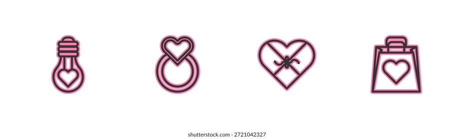Set line Heart shape in light bulb, Candy heart shaped box, Wedding rings and Shopping bag with icon. Vector