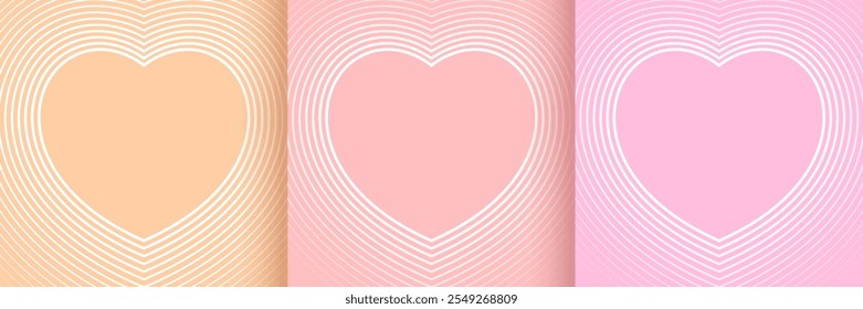 Conjunto de línea de fondo en forma de corazón en rosa pastel, rojo suave y color naranja claro. Elemento de tarjeta de San Valentín. Patrón romántico de rayas. Ilustración vectorial de moda en estilo retro años 60, 70 diseño.