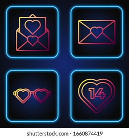 Set line Heart, Heart shaped love glasses, Envelope with Valentine heart and Envelope with Valentine heart. Gradient color icons. Vector