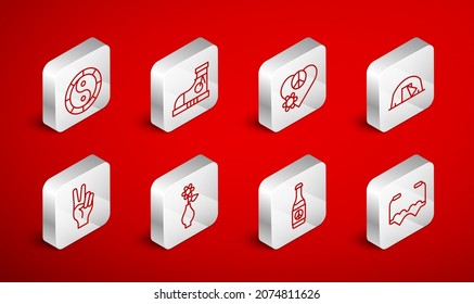 Set line Heart shaped love glasses, Sneakers, Love peace, Tourist tent, Beer bottle, Yin Yang symbol, Flower vase and Peace icon. Vector