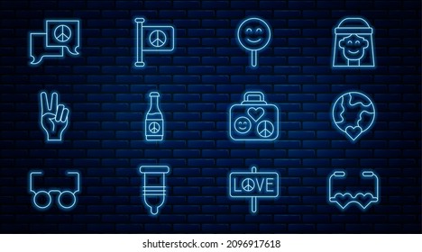 Set line Heart shaped love glasses, The heart world -, Smile face, Beer bottle, Peace symbol, Speech bubble chat, Suitcase for travel and Flag peace icon. Vector