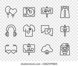 Set line Heart shaped love glasses, Hippie girl, Peace, No war, Balloons, t-shirt print stamp, cloud and  icon. Vector
