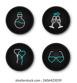 Set line Heart shaped love glasses, Balloons in form of heart, Glass champagne and Bottle with potion icon. Vector