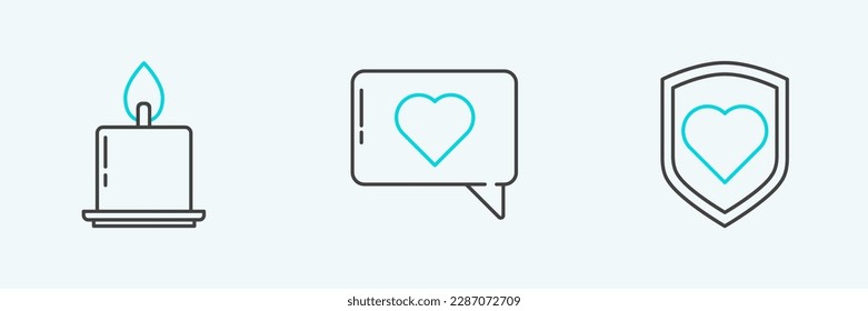 Set line Heart with shield, Burning candle and Like heart icon. Vector