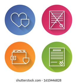 Set line Heart with shield, Delete file document, Wallet and money with shield and Confirmed document and check mark. Color circle button. Vector