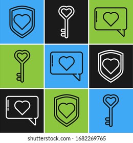 Set line Heart with shield, Like and heart and Key in heart shape icon. Vector