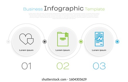 Set line Heart with shield, Personal folder and Torn contract. Business infographic template. Vector