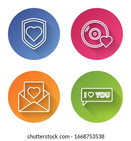 Set line Heart with shield, Romantic music, Envelope with heart and Speech bubble with I love you. Color circle button. Vector