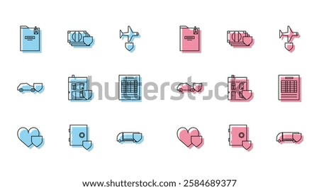 Set line Heart with shield, Safe, Personal folder, Delivery cargo truck, House, Report file document, Car and Money icon. Vector