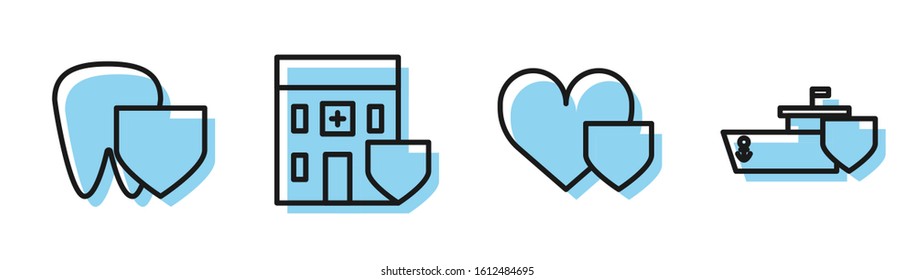 Set line Heart with shield, Tooth with shield, Medical hospital building with shield and Ship with shield icon. Vector