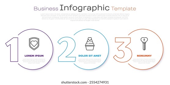 Set line Heart with shield, Wedding cake with heart and Key in heart shape. Business infographic template. Vector