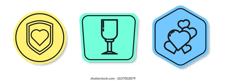 Set line Heart with shield, Wine glass and Heart. Colored shapes. Vector