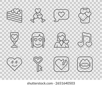 Set line Heart, Smiling lips, speech bubble, Key heart shape, Wedding cake, Romantic girl, Broken or divorce and Music note, tone with hearts icon. Vector